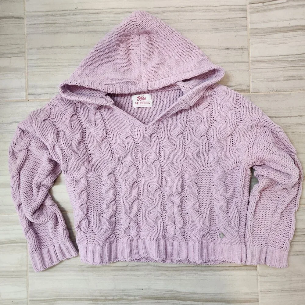 Justice Girls Knitted V-Neck Purple Cropped Sweater w/ Hood